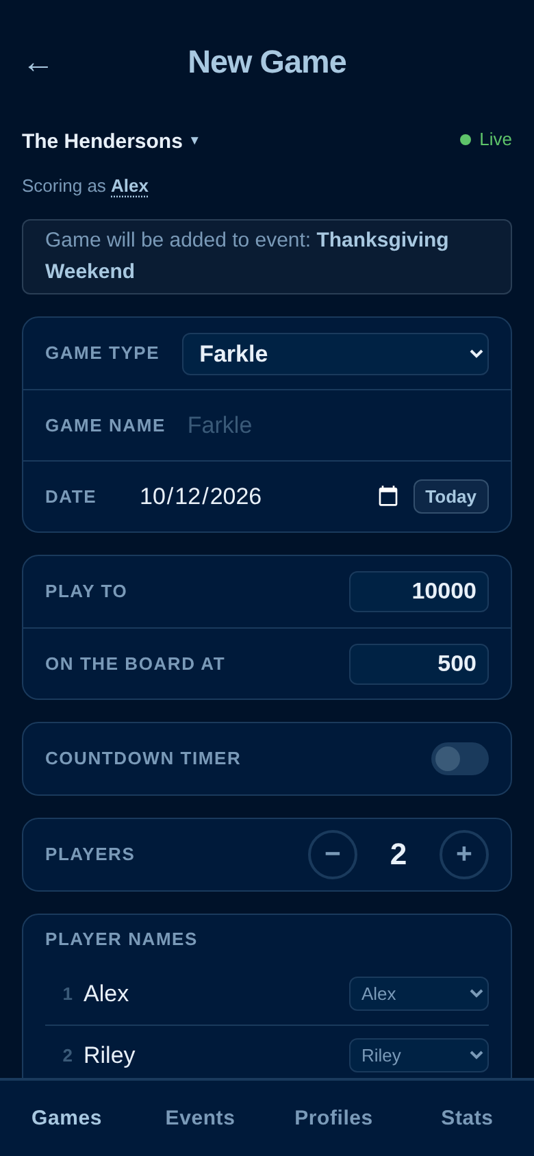 New Game screen