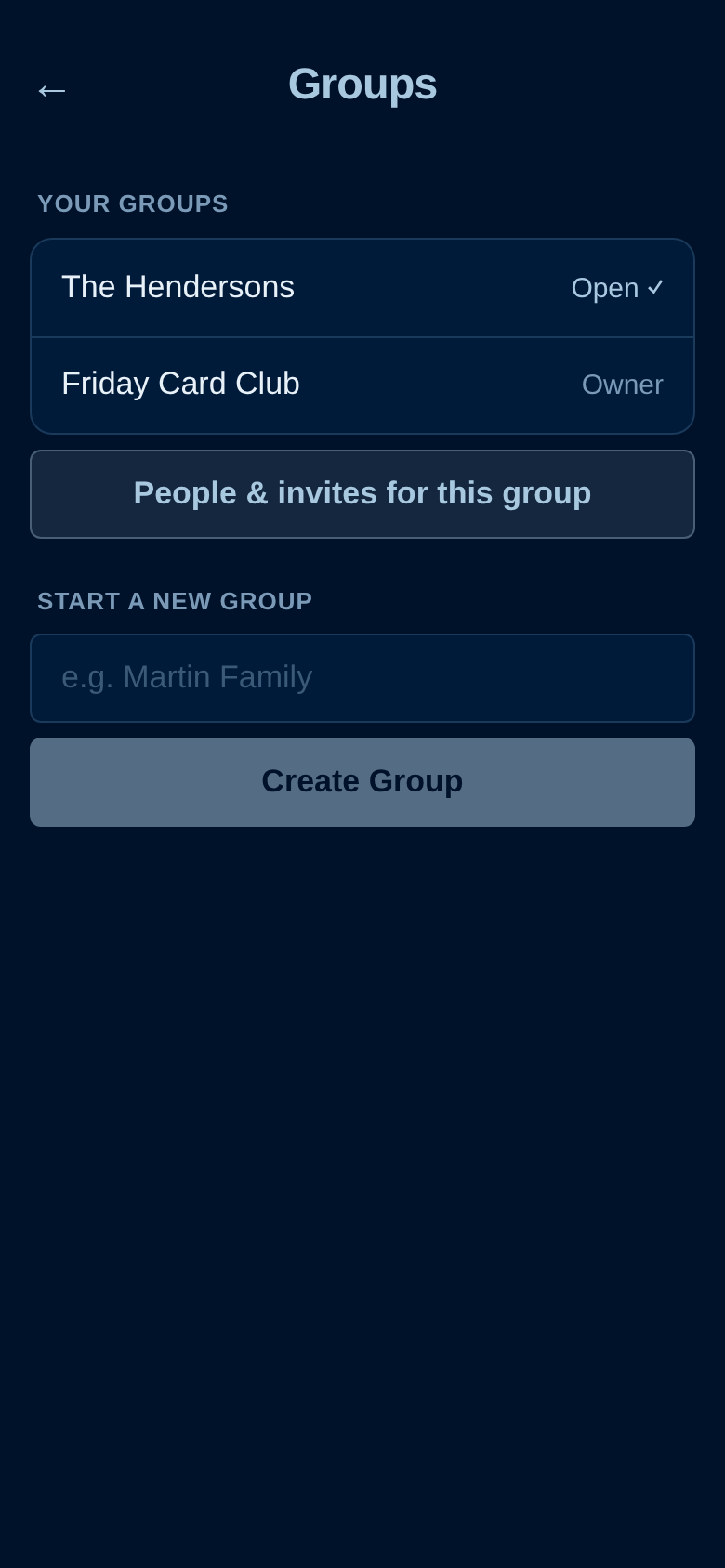 Groups screen