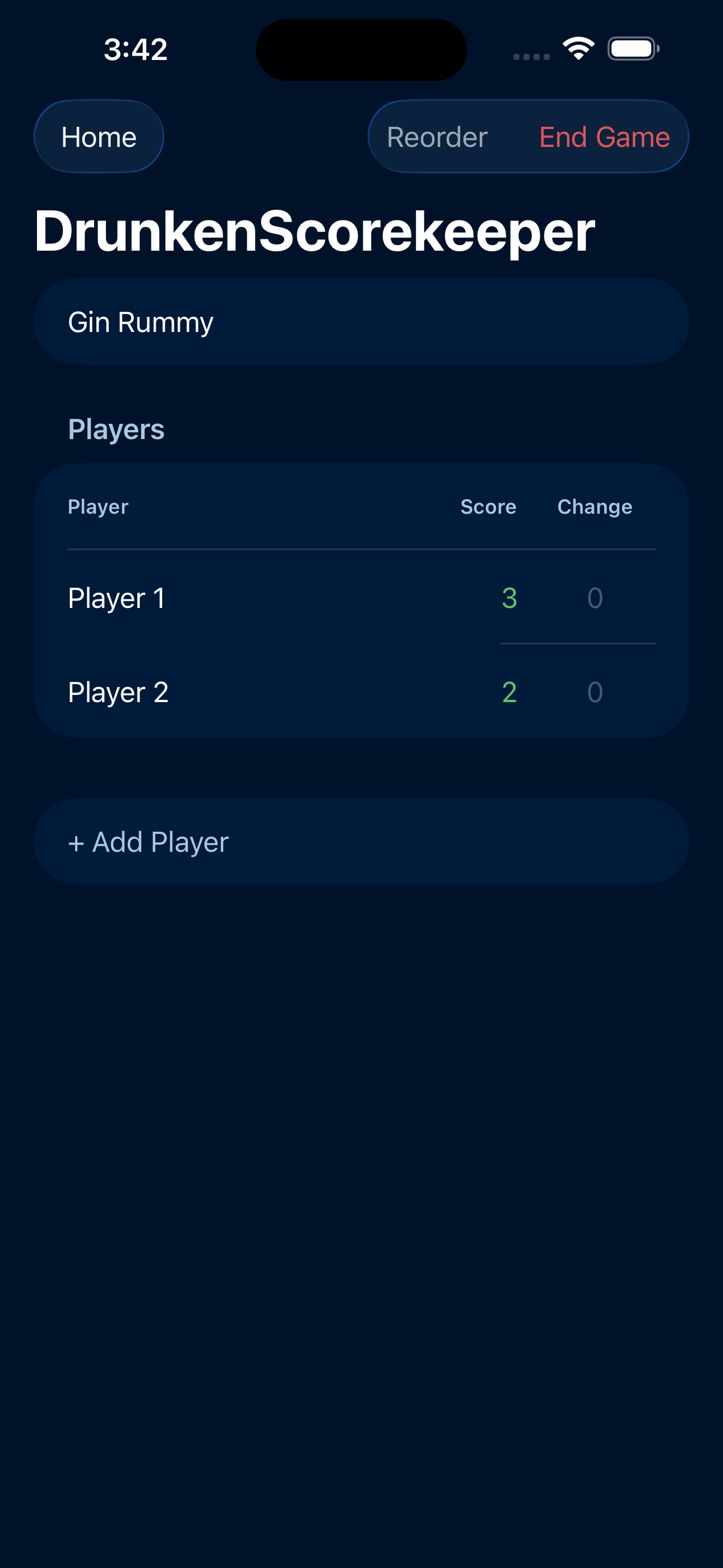 DrunkenScorekeeper active game screen showing player scores