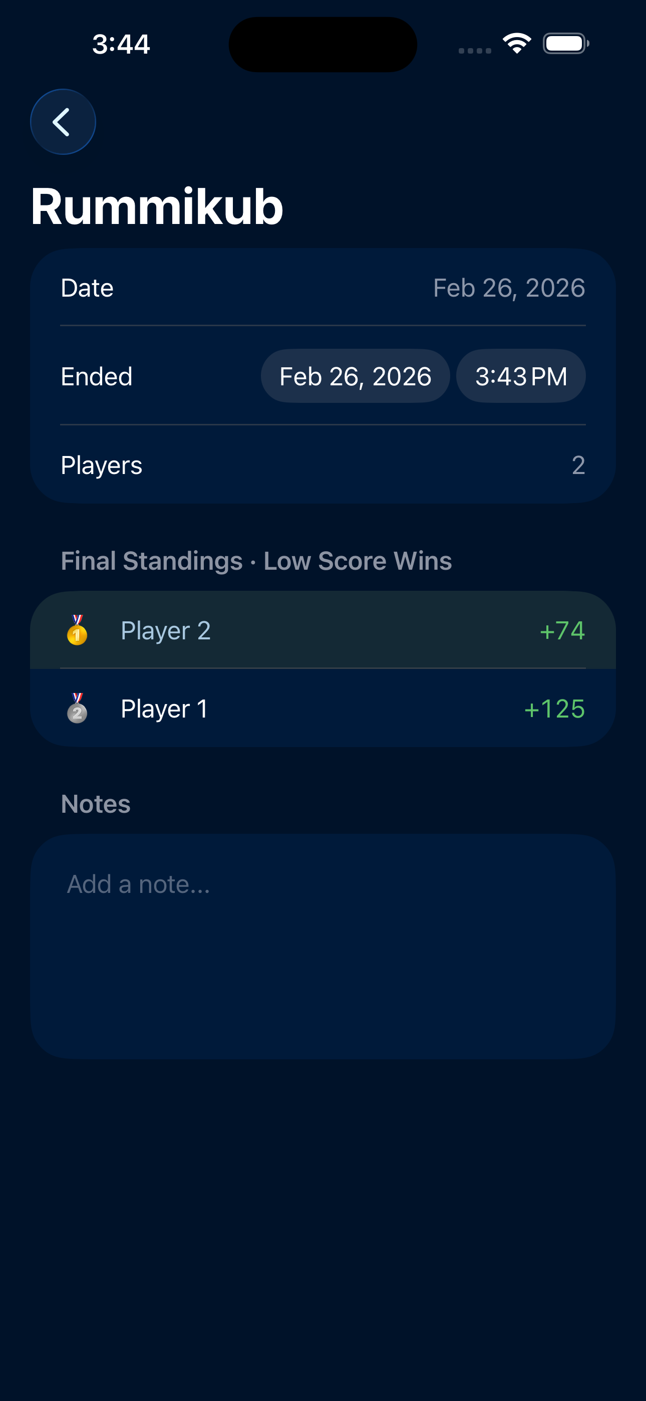 DrunkenScorekeeper Low Score Wins mode game summary