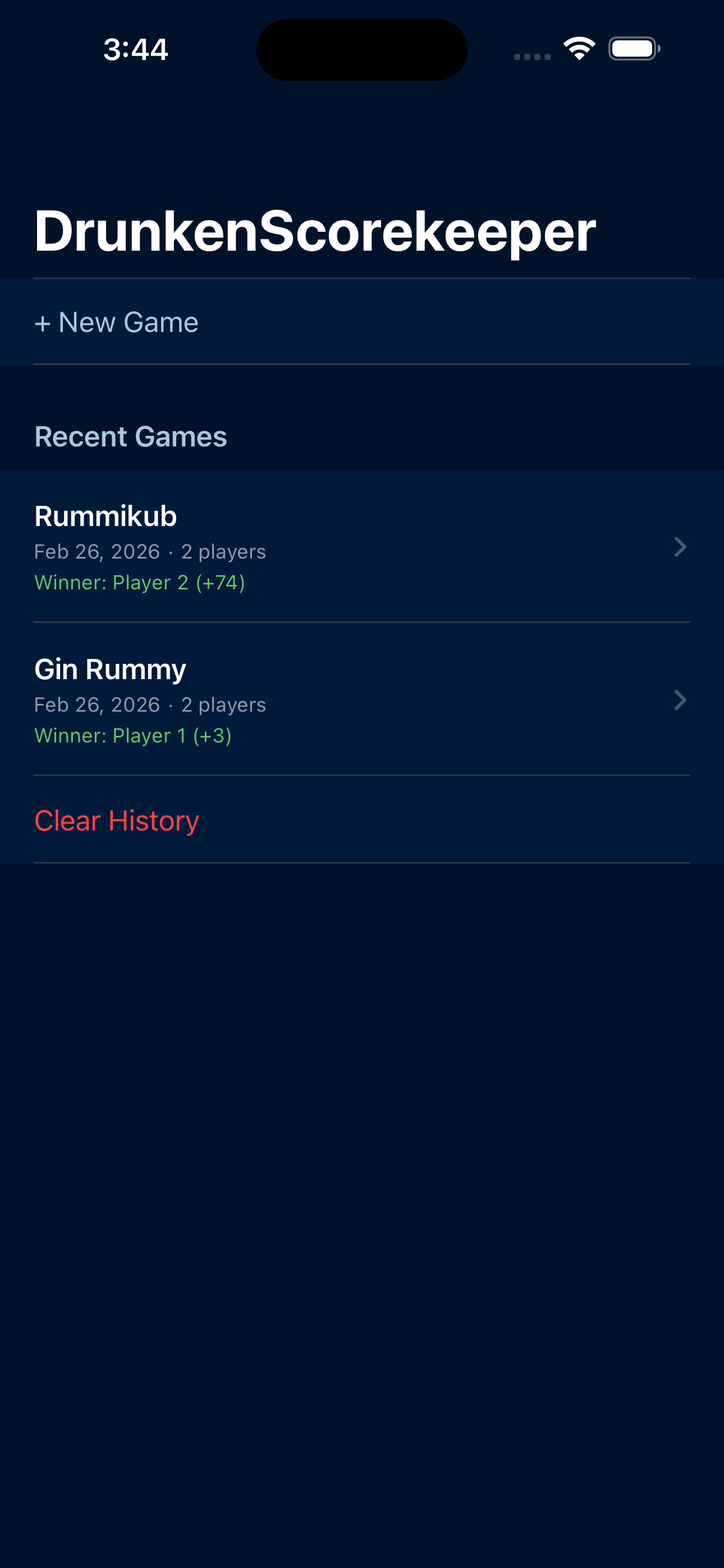 DrunkenScorekeeper home screen showing recent games