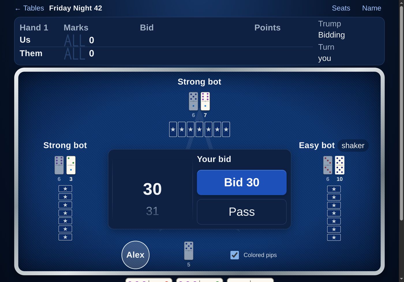 The bid wheel with Bid 30 and Pass