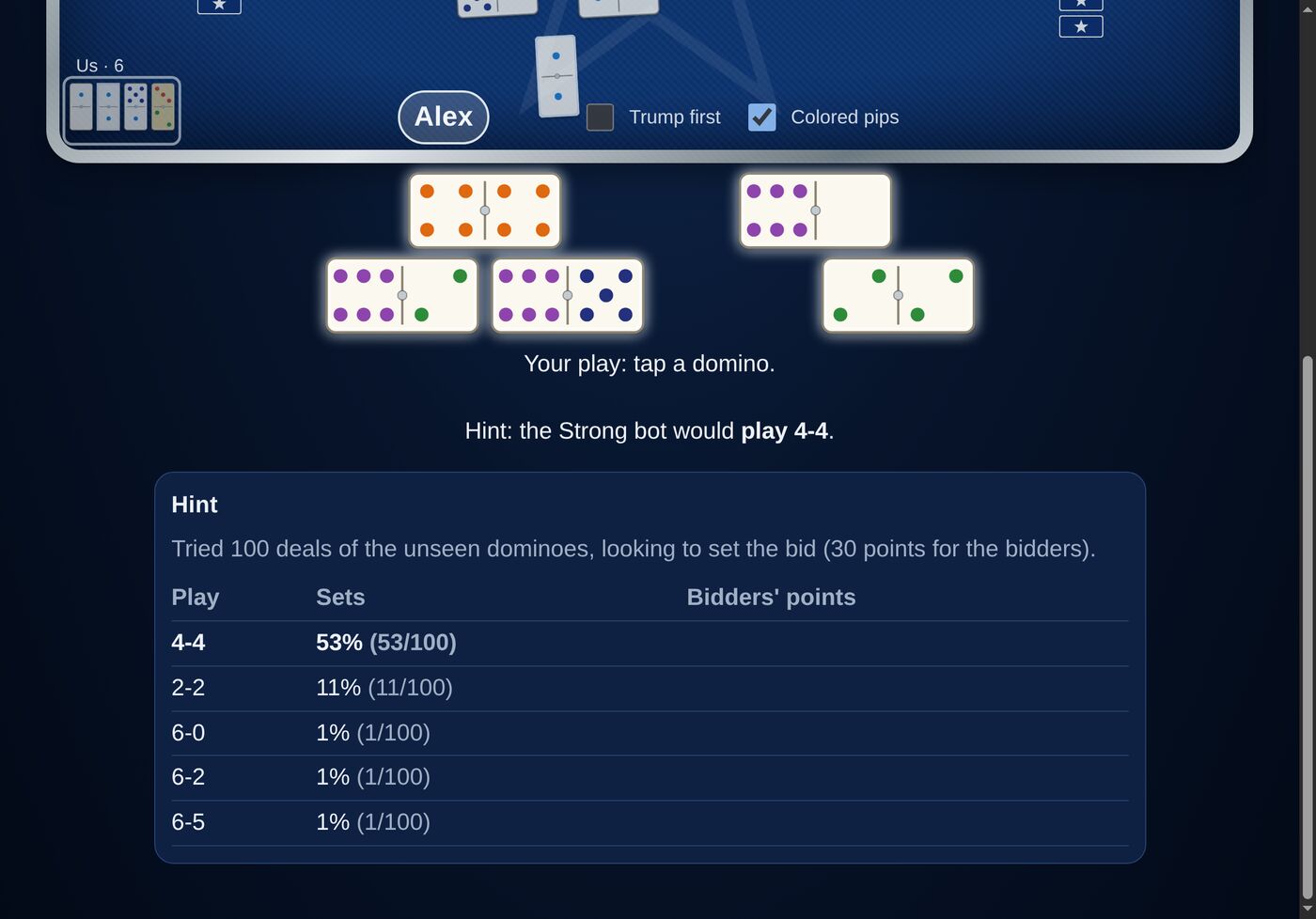 Playing a hand, with a hint shown